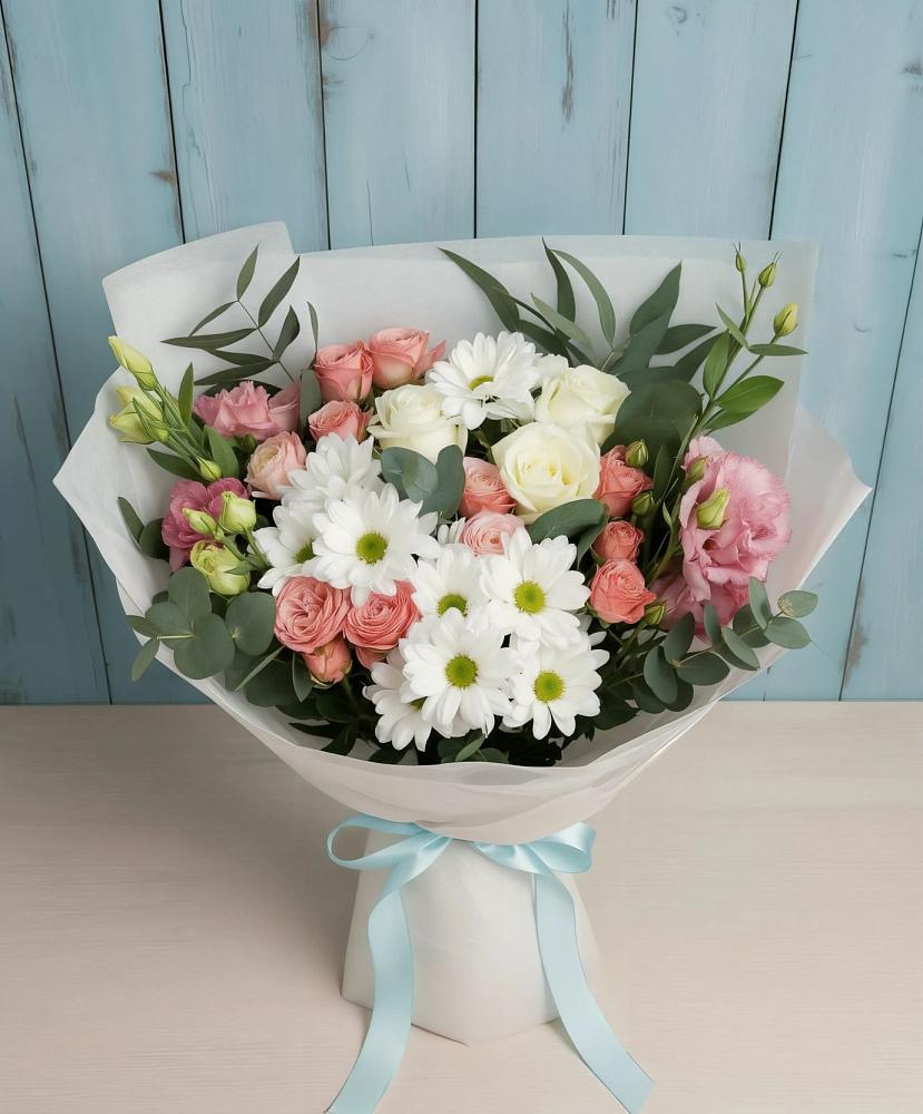 Букет цветов из: Розы, Лизиантусы и Хризантемы в Тяжинском