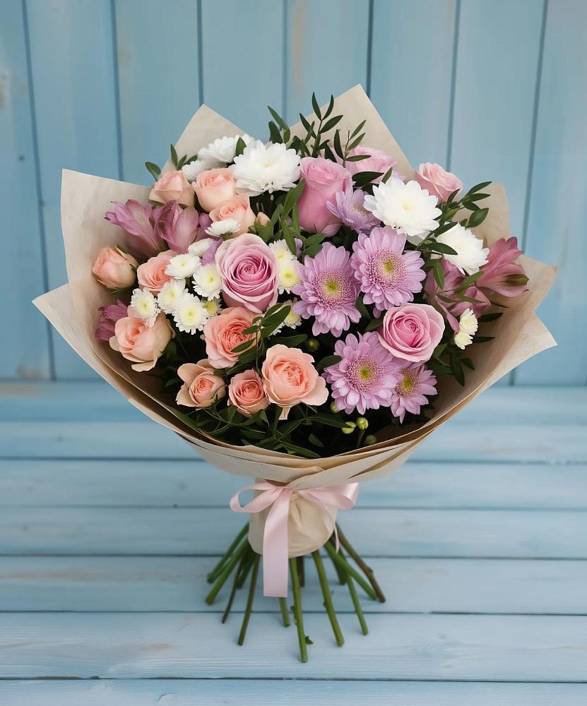 Букет цветов из: Хризантемы, Розы и Альстромерии в Тяжинском