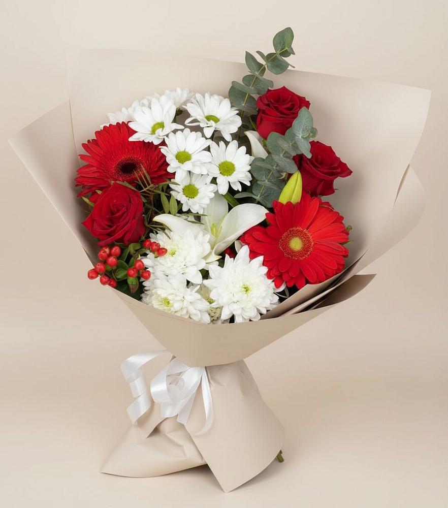 Букет цветов из: Розы, Хризантемы, Герберы и Лилии в Тяжинском
