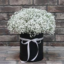 Цветочная композиция из Гипсофила в шляпной коробке в Тяжинском
