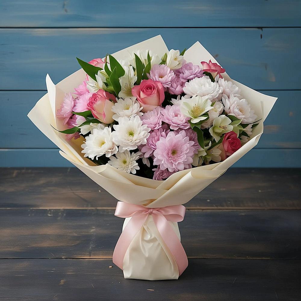 Букет цветов из: Хризантемы, Альстромерии и Розы в Тяжинском